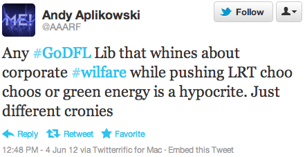 Any ?#GoDFL? Lib that whines about corporate ?#wilfare? while pushing LRT choo choos or green energy is a hypocrite. Just different cronies